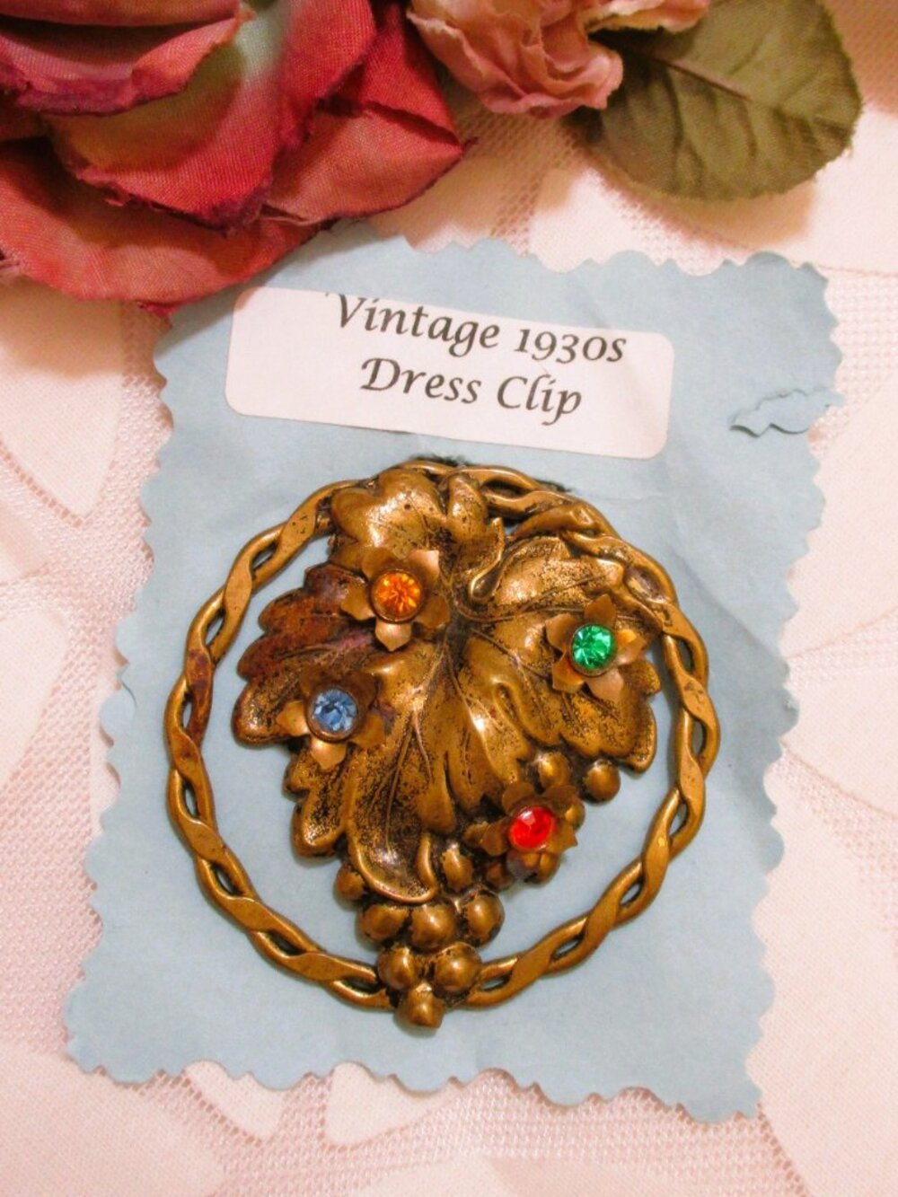 ART NOUVEAU Grape Dress Clip Brooch: VINTAGE Rhinestone Gold Gilt Convertible
